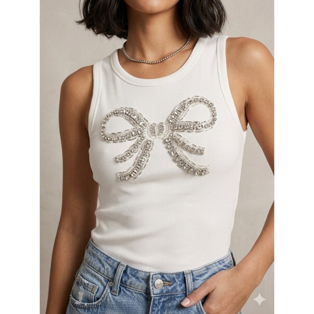 Muy Muy Shiny Bow Sequin Gem White Tank Top Shirt Large Glam